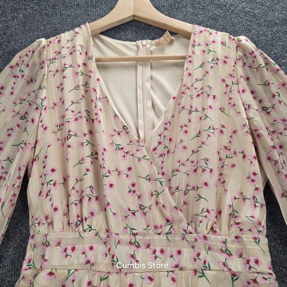 Floral Ruffle Tiered Mini Dress Womens Medium Cream Long Sleeve V Neck Wrap Boho - Picture 7 of 16